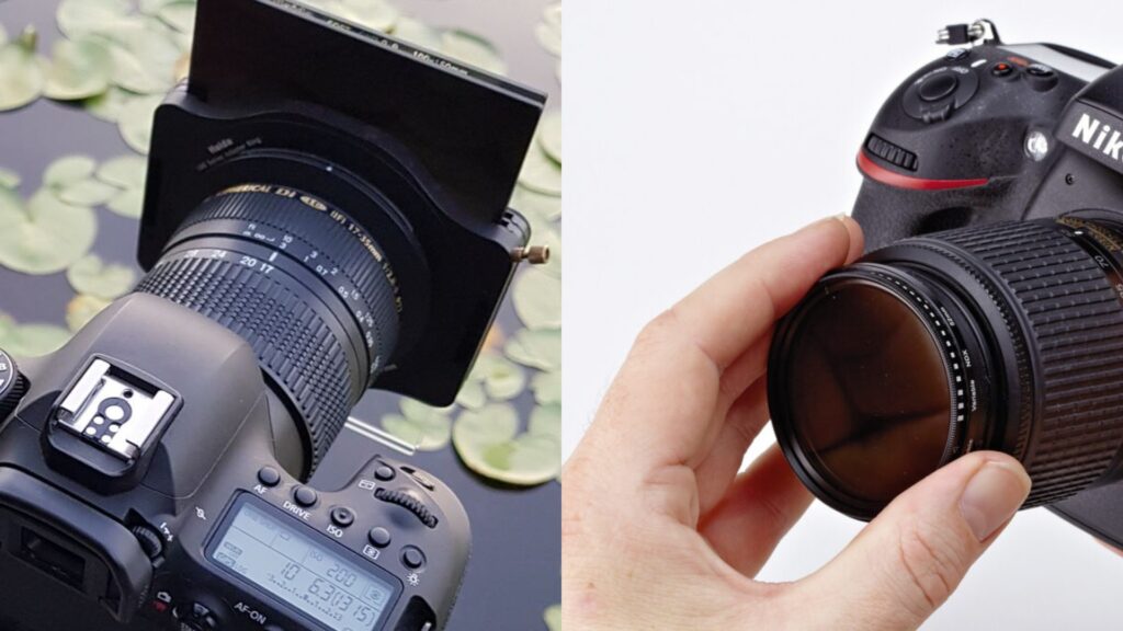 Vergleich der Kamera-Filter Systeme: links Stecksystem, rechts Schraubsystem.