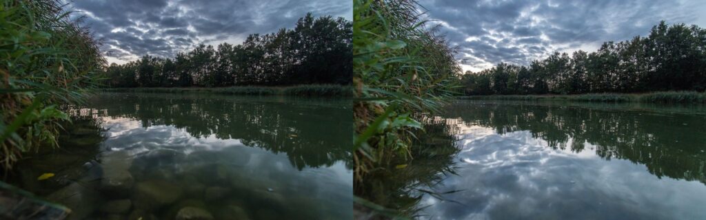 Vergleichsbild: links Fotoaufnahme mit Polfilter, rechts ohne.