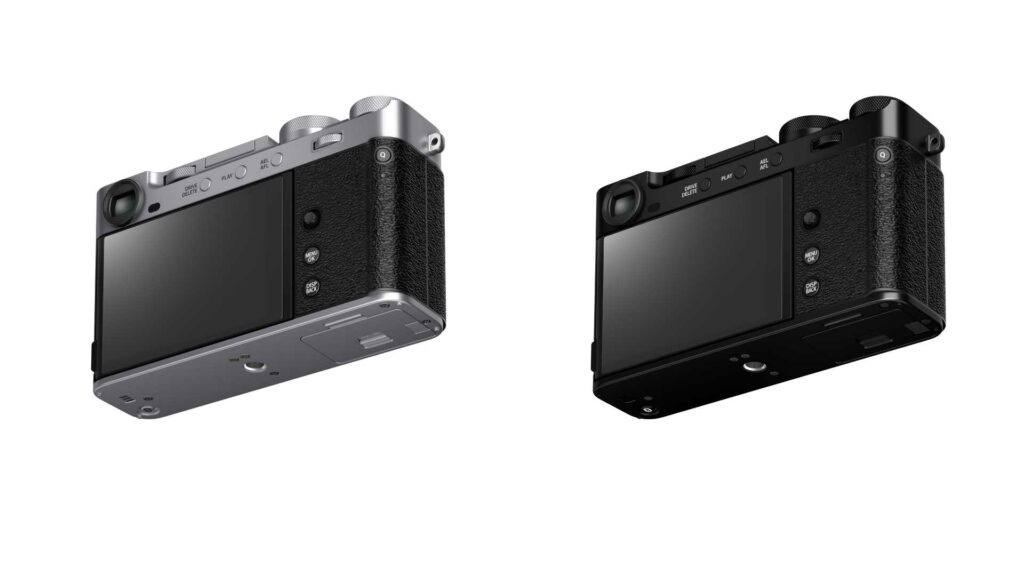 Fujifilm x-E5 in Schwarz und Silber Rückseite