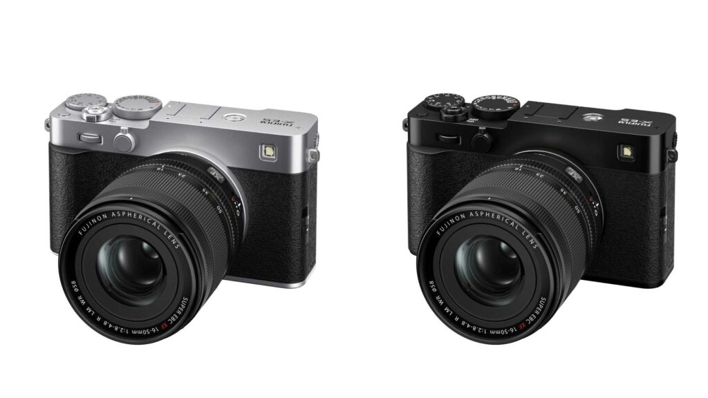 Fujifilm x-E5 in Schwarz und Silber Vorderansicht