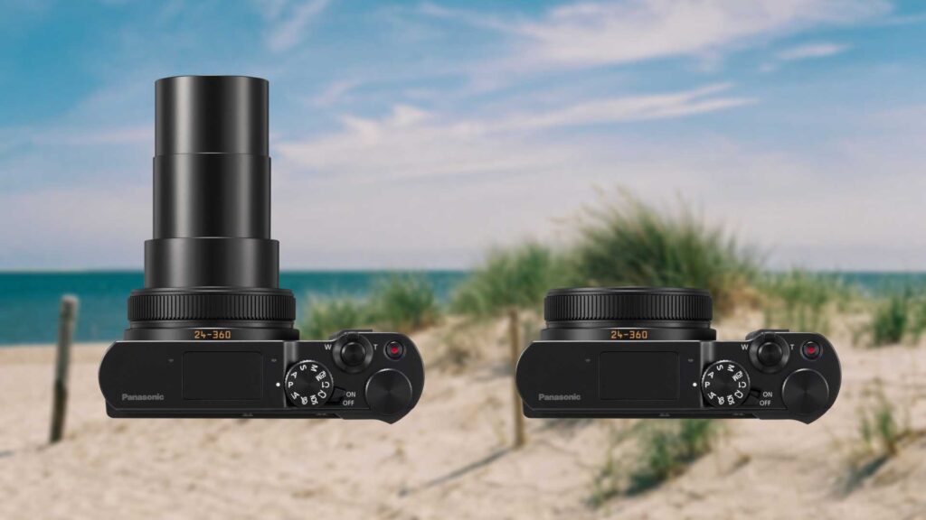 Draufsicht auf die Lumix DC TZ-300: ausgefahrenes Objektiv und eingefahrenes Objektiv.
