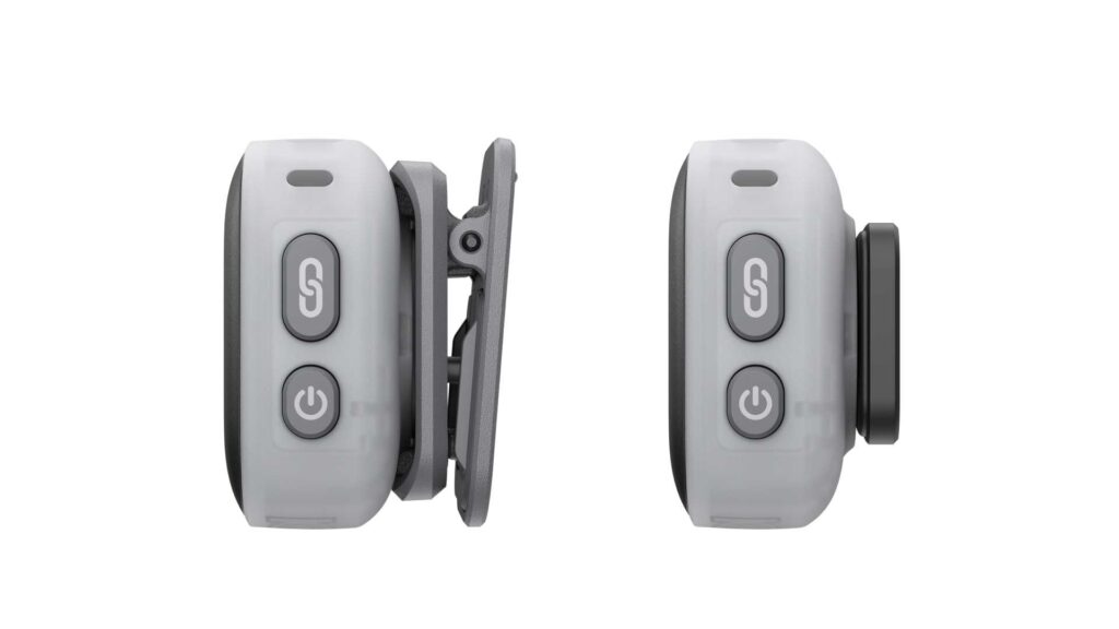 Transmitter des DJI Mic Mini 2 in Seitenansicht. Zu sehen sind zwei Befestigungsoptionen: per Clip und per Magnet.
