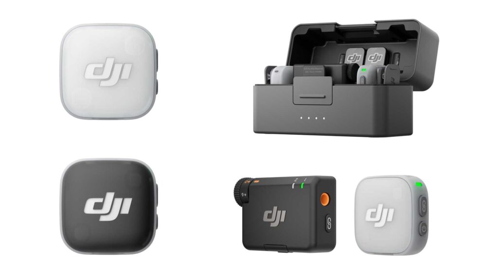 Die wichtigsten Komponenten des DJI Mic Mini 2 Produkts: Transmitter, Receiver und Ladecase.