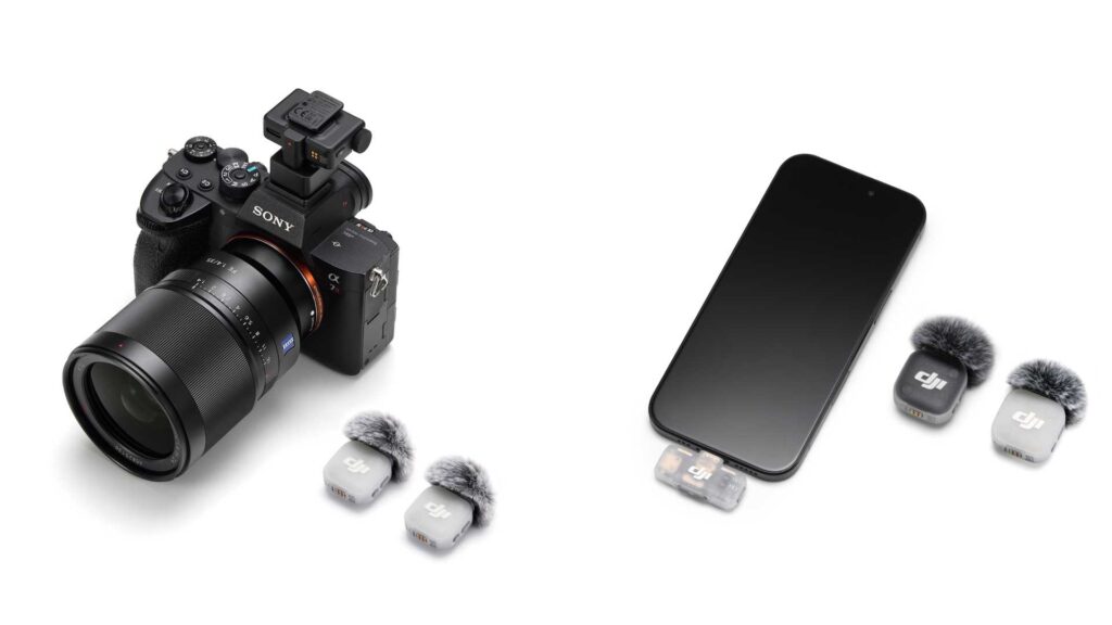 Zwei Nutzungsszenarien des DJI Mic Mini 2 mit Kamera und Smartphone.