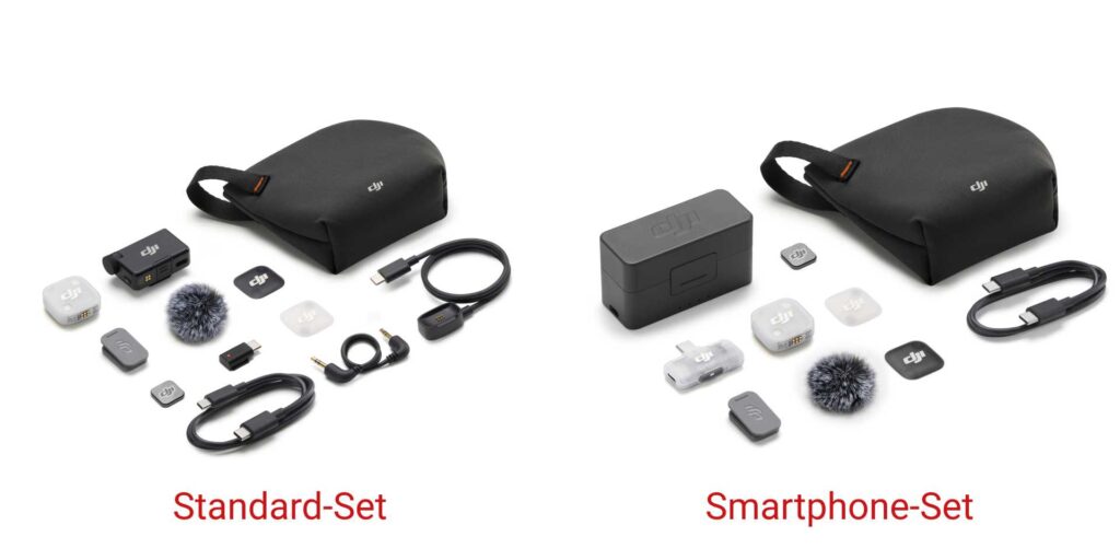 Zwei DJI Mic Mini 2 Standardsets: mit einem Receiver und einem Smartphone Adapter.