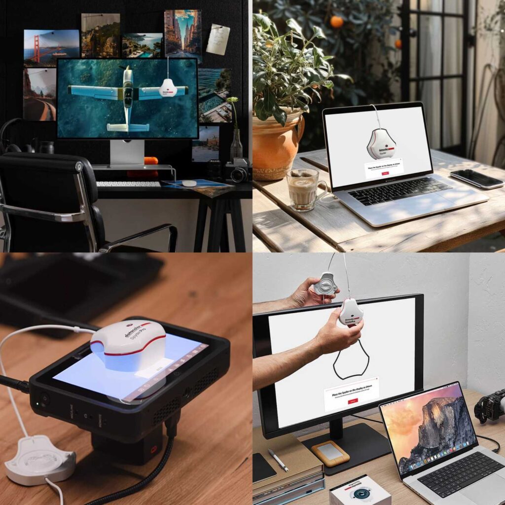 Vier Bildbeispiele für den Einsatz eines Datacolor Spyder-Kolorimeters: ein Desktop-Arbeitsplatz mit Monitor und Reisemotiven, ein Laptop auf einem sonnigen Gartentisch, ein tragbarer Bildschirm mit aufgelegtem Messgerät sowie ein Monitor, an dem das Kolorimeter zur Bildschirmkalibrierung hängt.