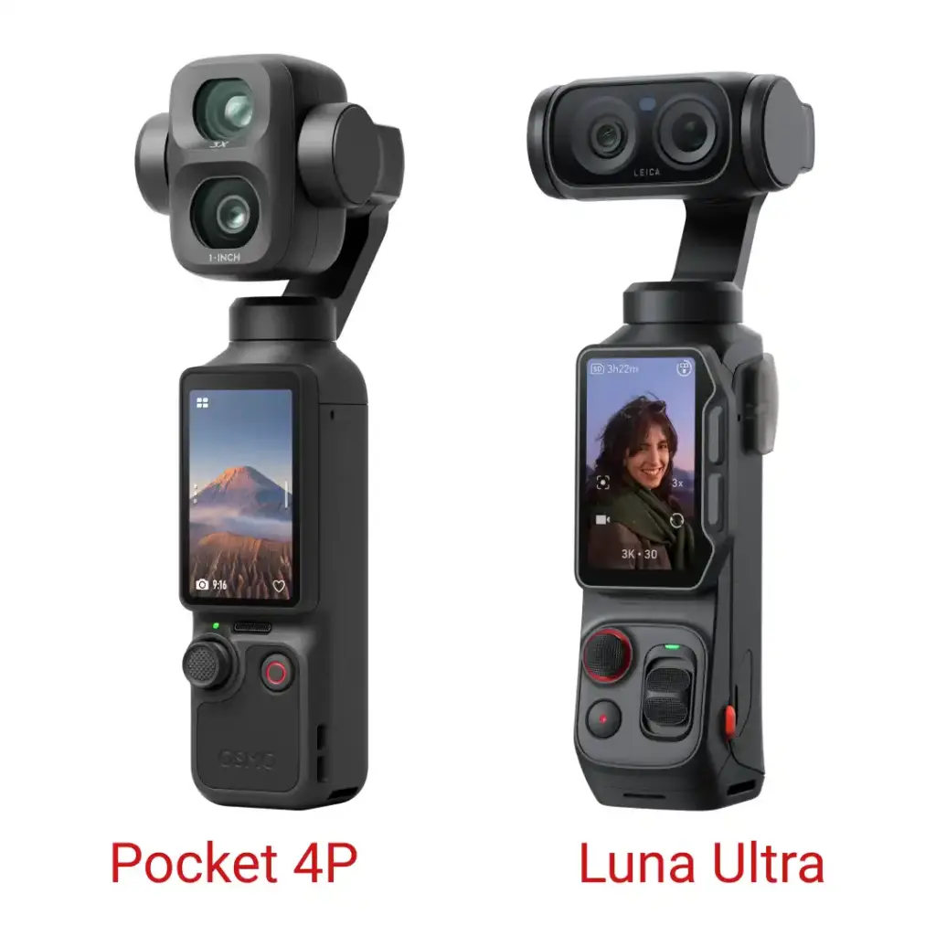 DJI Osmo Pocket 4P und insta360 Luna Ultra nebeneinander im Vergleich.