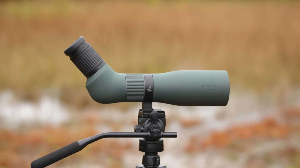 Grünes Swarovski AT Endura 75 Spektiv mit Schrägeinblick auf einem Stativ vor unscharfem Naturhintergrund.