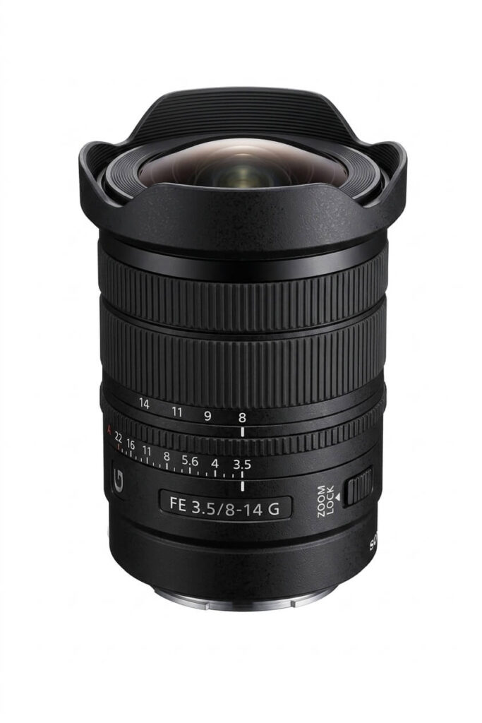 roduktfoto des Sony FE 3.5/8-14 G Objektivs mit Blick auf die gewölbte Frontlinse auf rein weißem Hintergrund.
